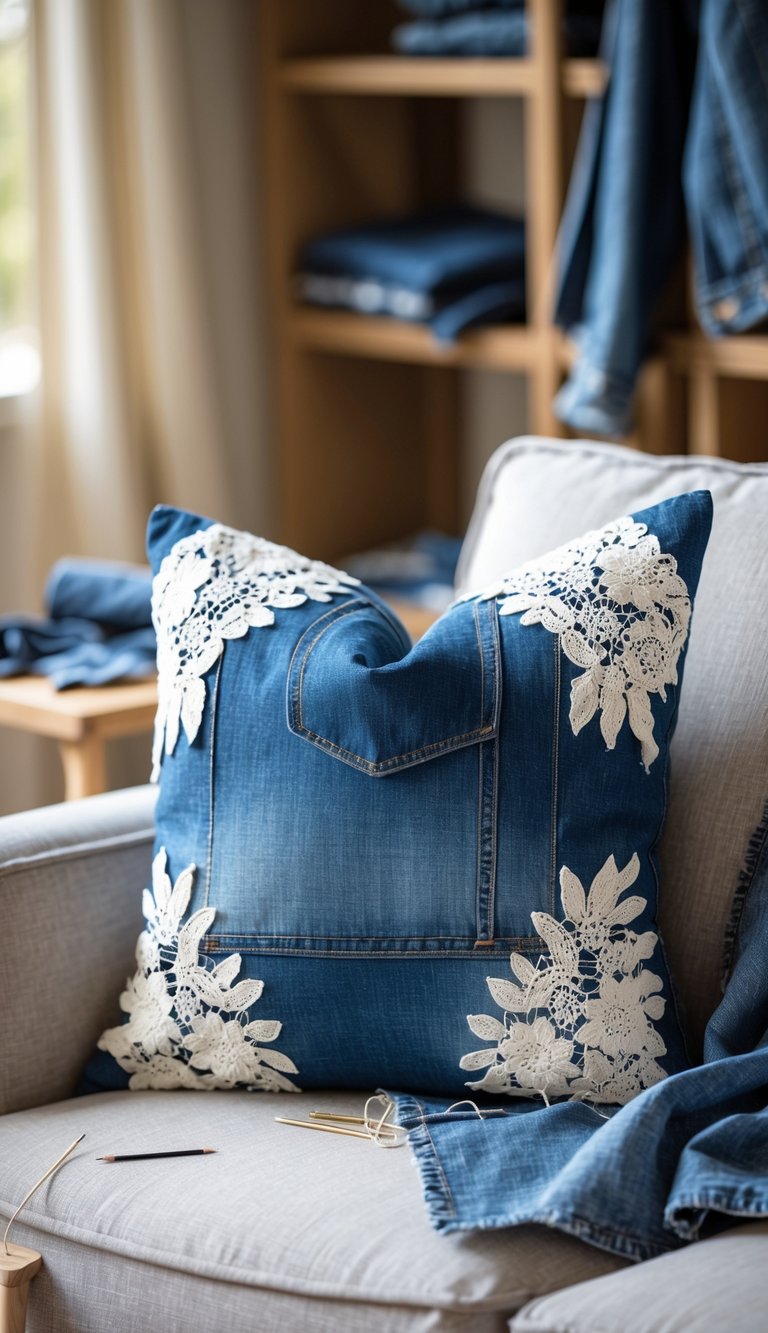 A throw pillow made of denim and white lace placed on a sofa with sewing materials nearby.